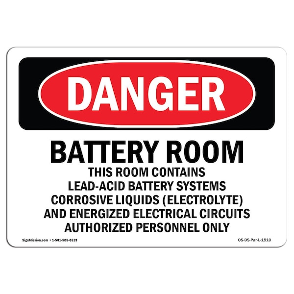 Safety Sign, OSHA Danger, 18" Height, Aluminum, Battery Room Contains Lead-Acid, Landscape
